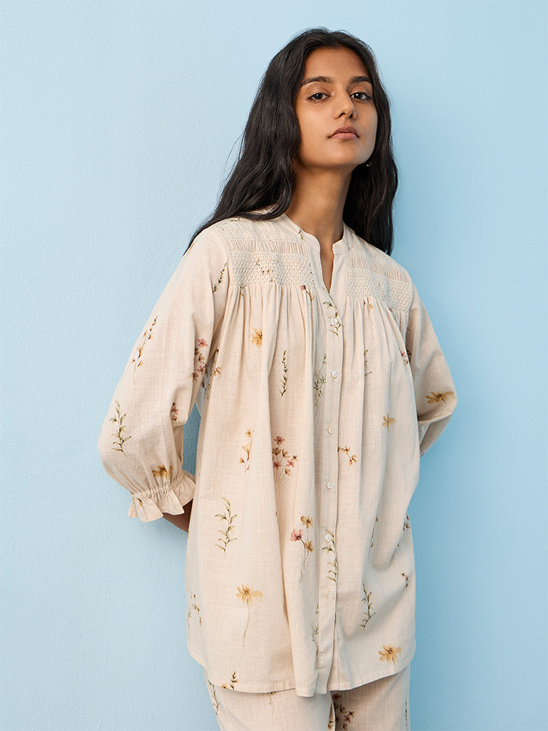 Utsa Light Beige Floral Printed Cotton Tunic