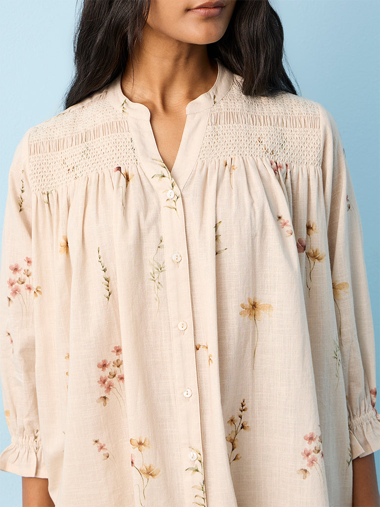 Utsa Light Beige Floral Printed Cotton Tunic