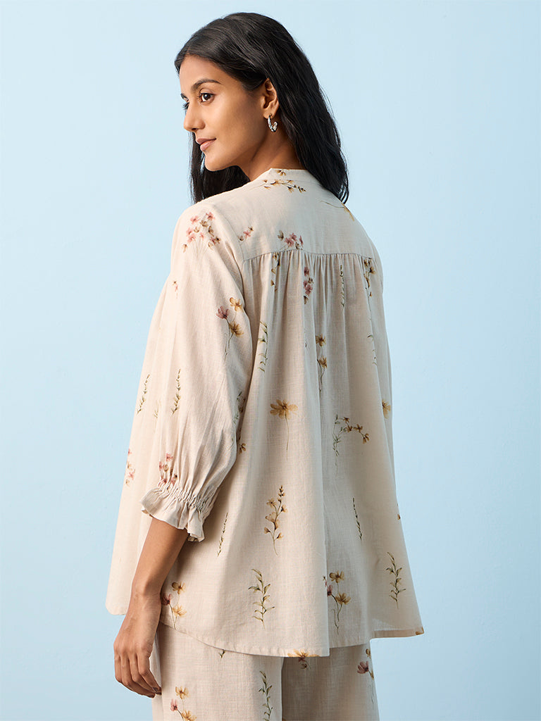 Utsa Light Beige Floral Printed Cotton Tunic