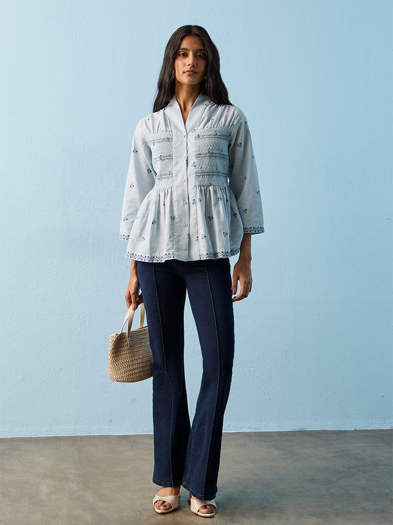 Utsa Light Blue Floral Embroidered Cotton Tunic