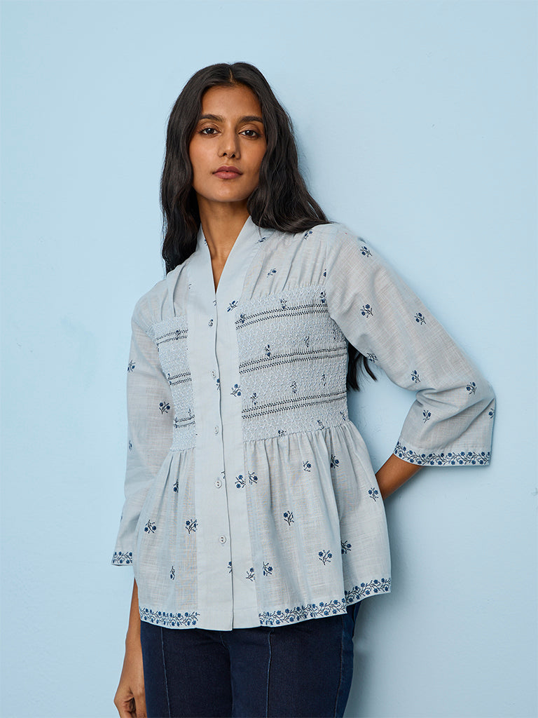 Utsa Light Blue Floral Embroidered Cotton Tunic