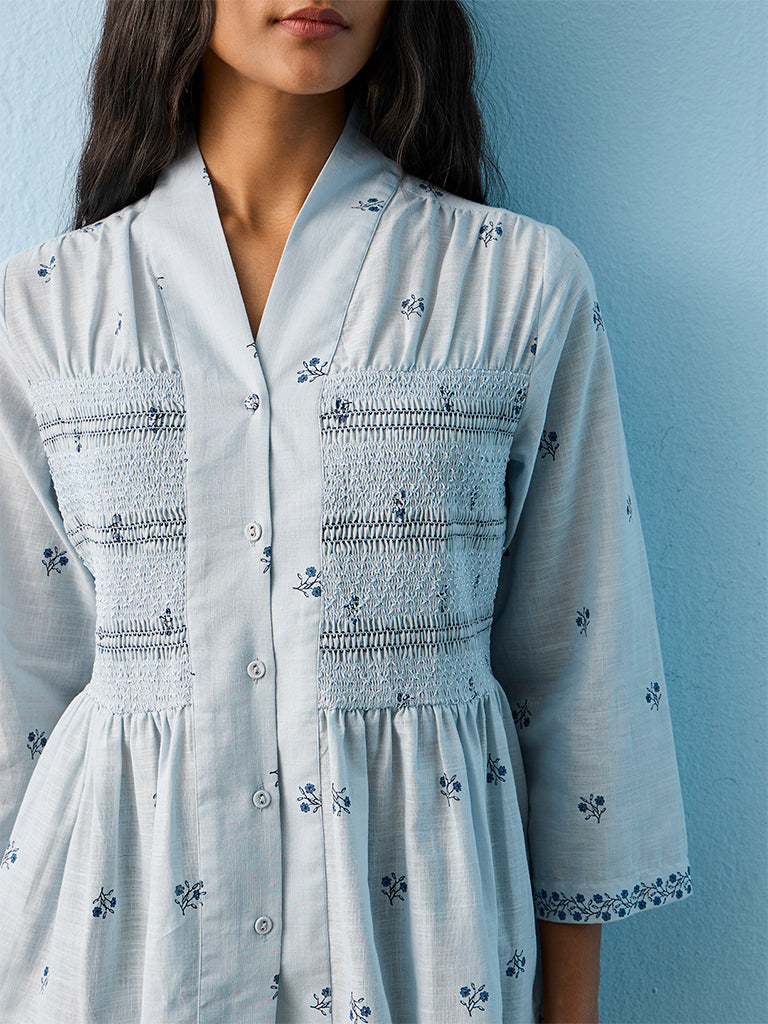 Utsa Light Blue Floral Embroidered Cotton Tunic