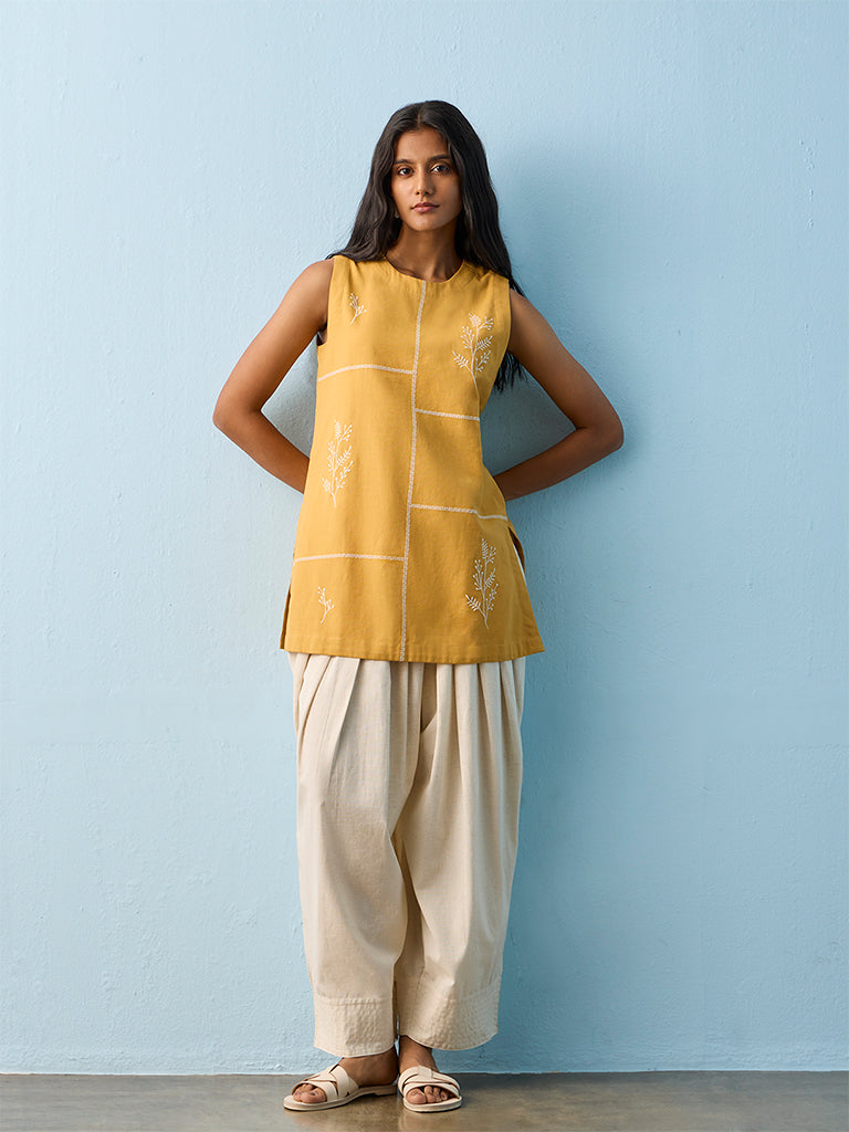 Utsa Mustard Floral Embroidered Cotton-Blend Straight Kurti