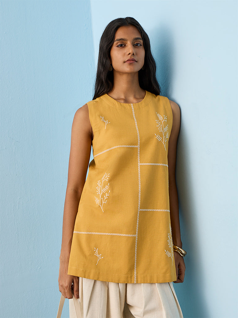 Utsa Mustard Floral Embroidered Cotton-Blend Straight Kurti
