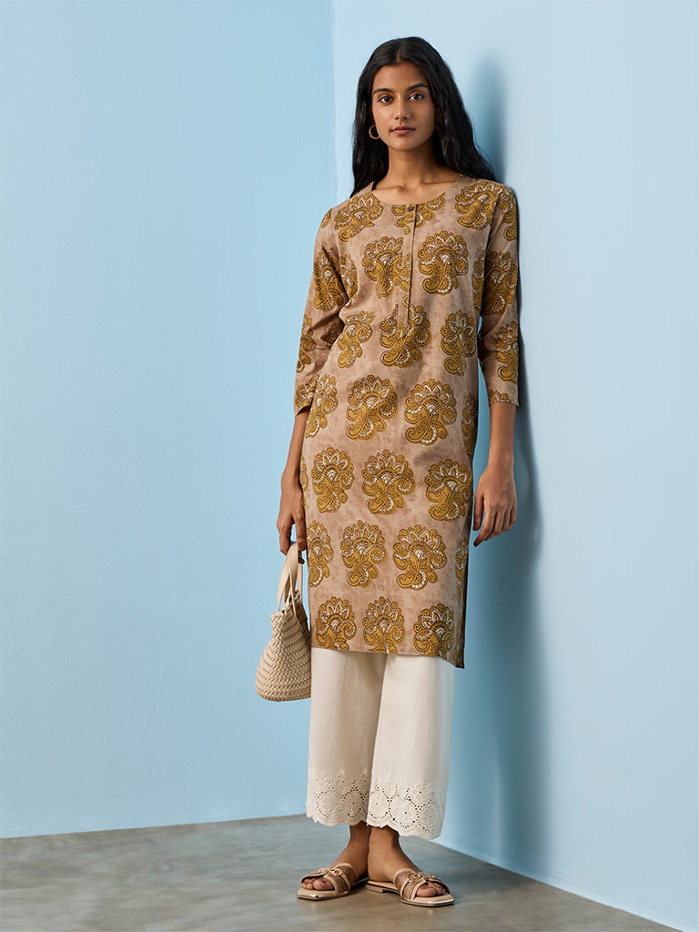 Utsa Taupe Printed Cotton Straight Kurta