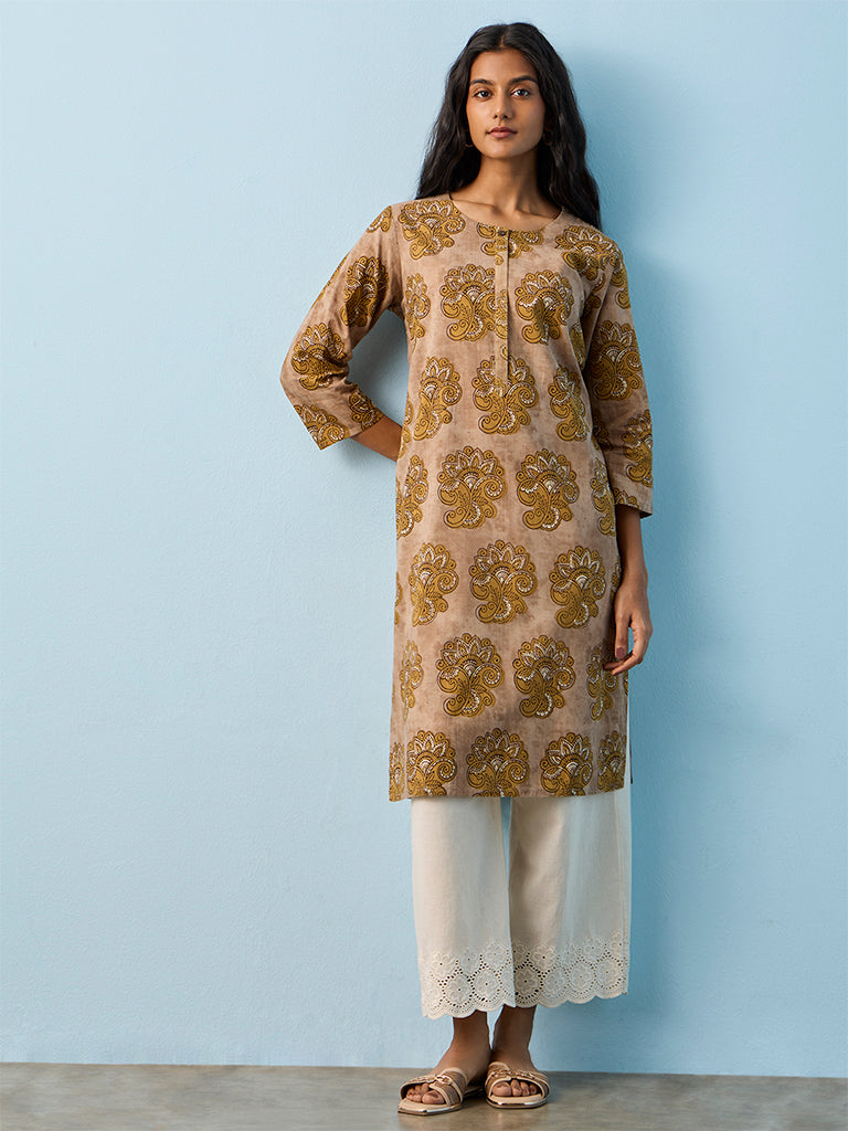 Utsa Taupe Printed Cotton Straight Kurta