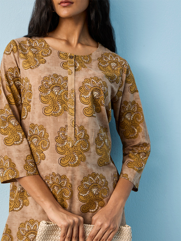 Utsa Taupe Printed Cotton Straight Kurta