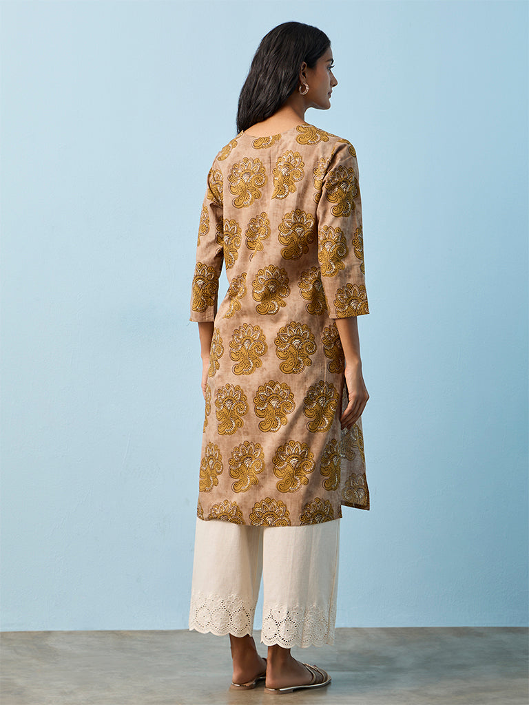 Utsa Taupe Printed Cotton Straight Kurta