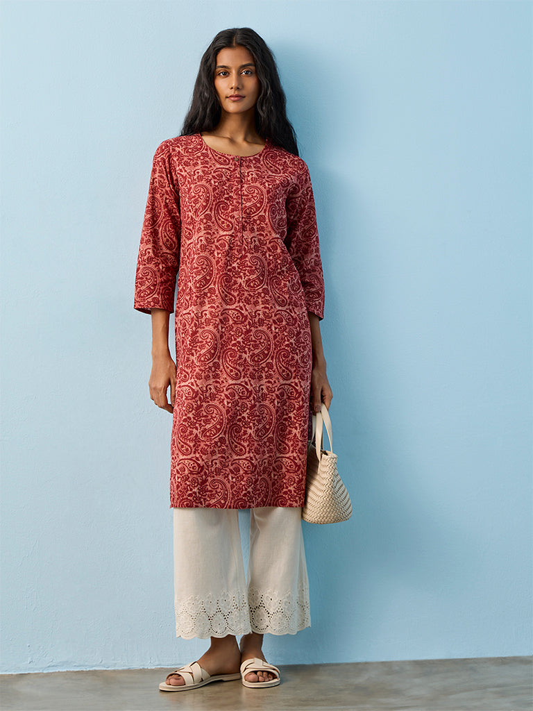 Utsa Red Paisley Printed Cotton Straight Kurta