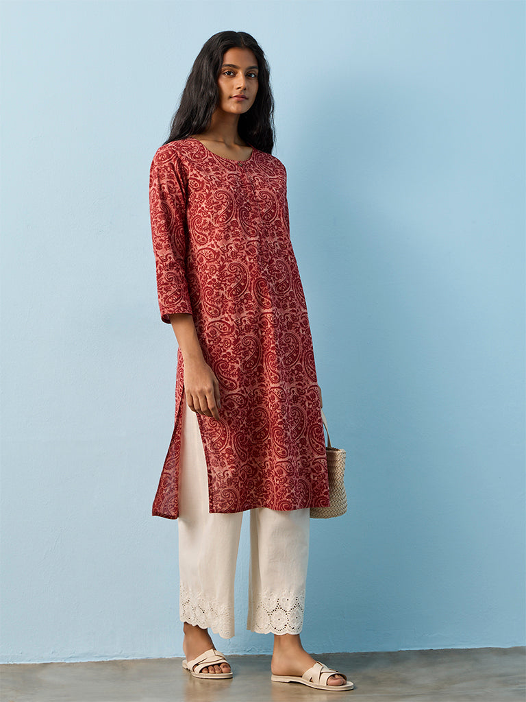 Utsa Red Paisley Printed Cotton Straight Kurta