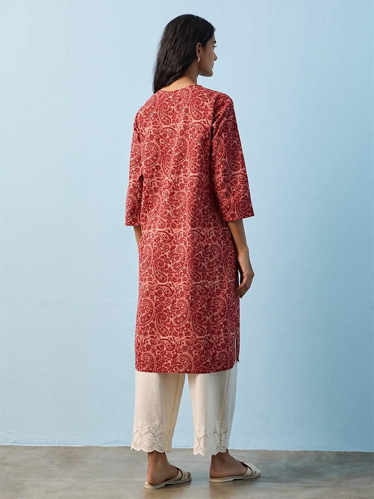 Utsa Red Paisley Printed Cotton Straight Kurta