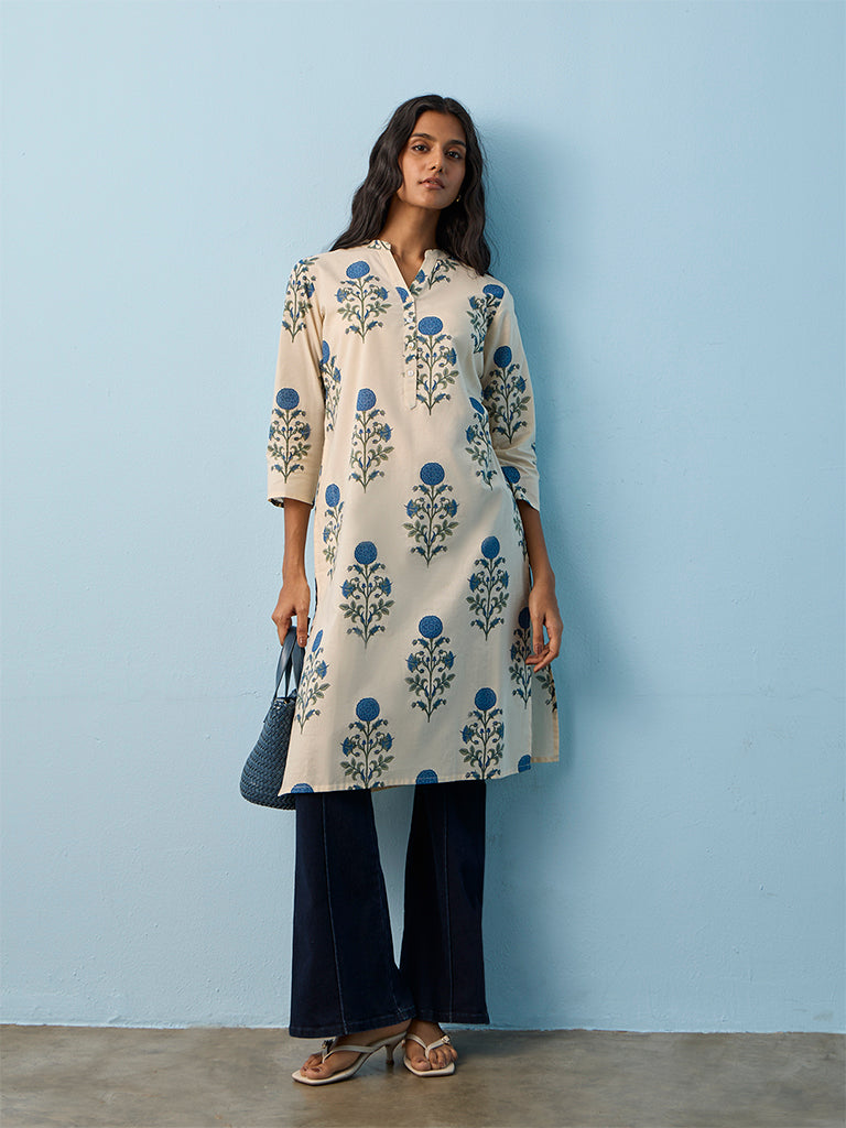Utsa Off-White Floral Printed Cotton Straight Kurta
