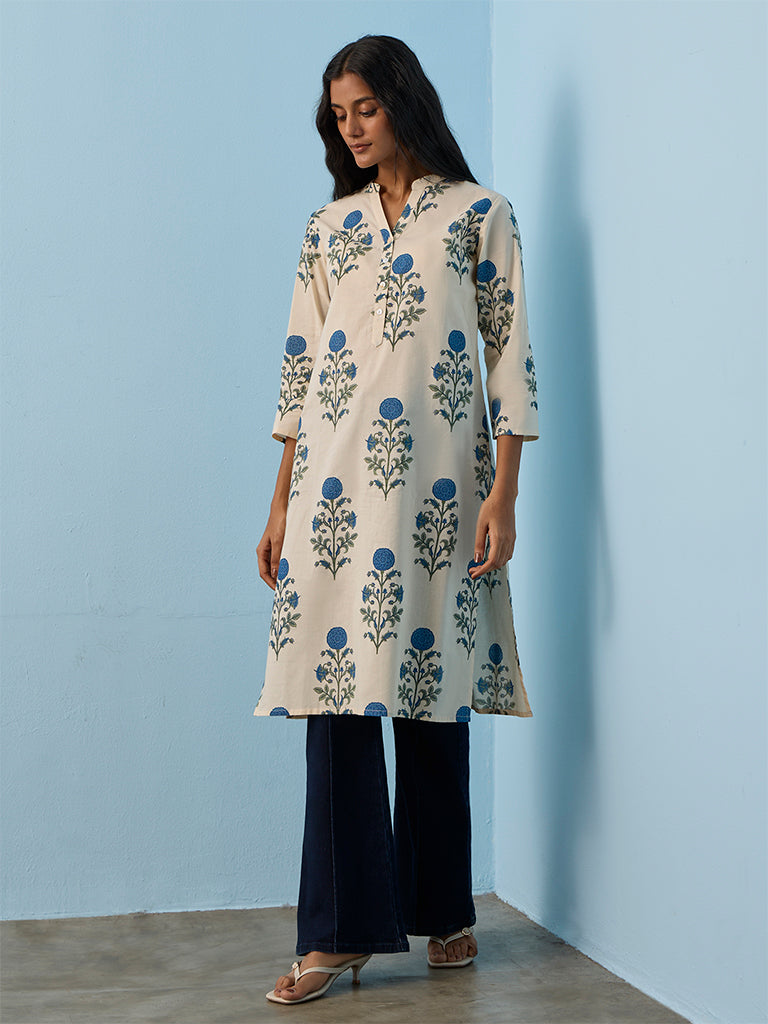 Utsa Off-White Floral Printed Cotton Straight Kurta
