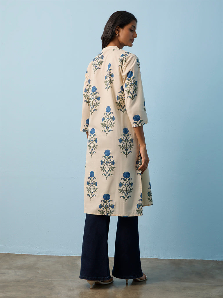 Utsa Off-White Floral Printed Cotton Straight Kurta