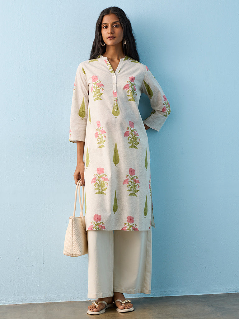 Utsa Light Beige Floral Printed Cotton Straight Kurta