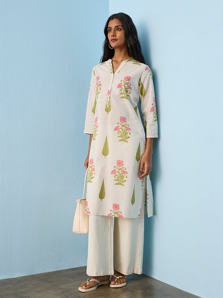 Utsa Light Beige Floral Printed Cotton Straight Kurta