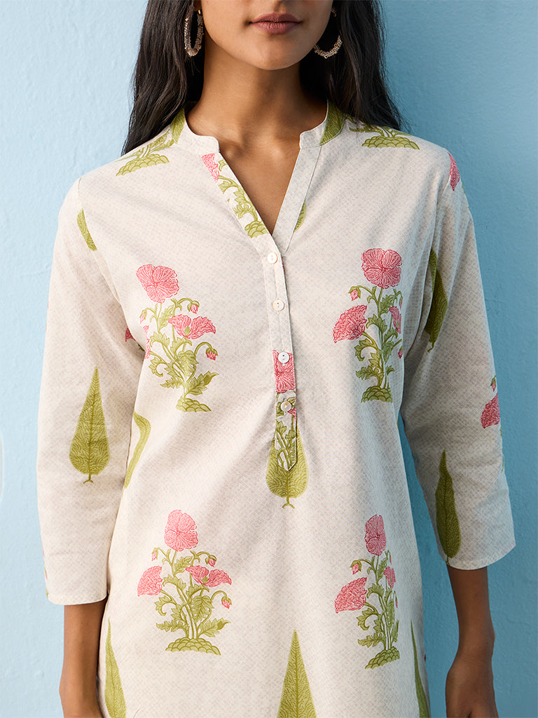 Utsa Light Beige Floral Printed Cotton Straight Kurta
