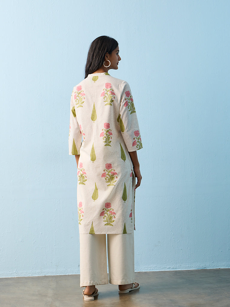 Utsa Light Beige Floral Printed Cotton Straight Kurta