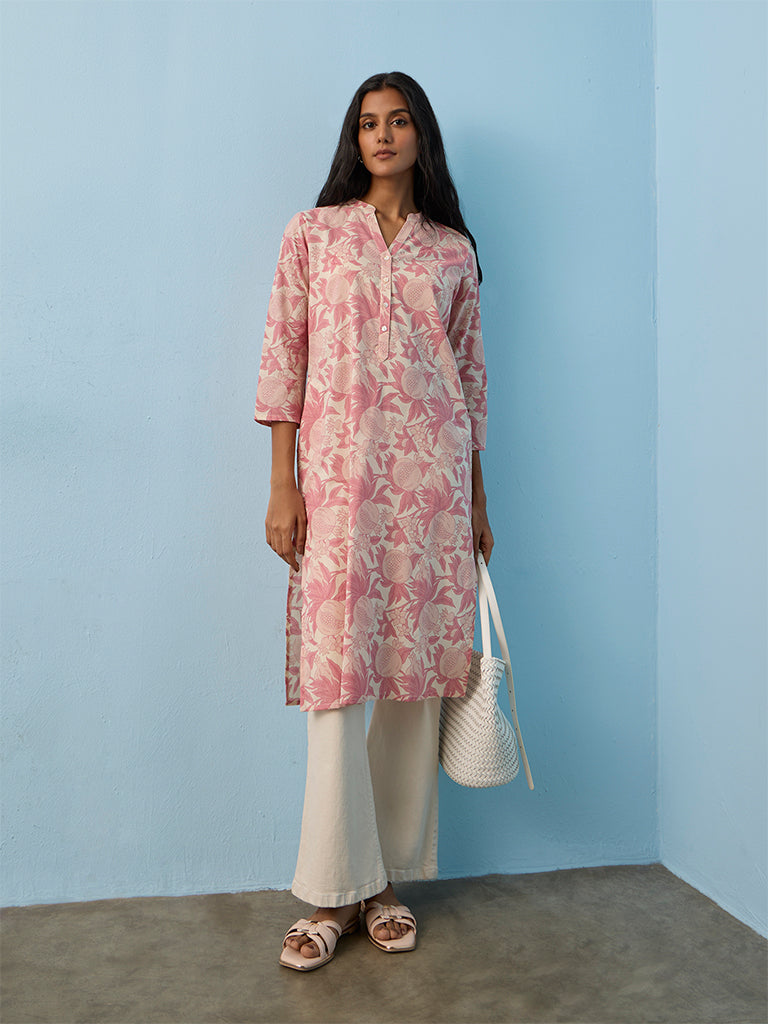 Utsa Pink Anar Printed Cotton Straight Kurta
