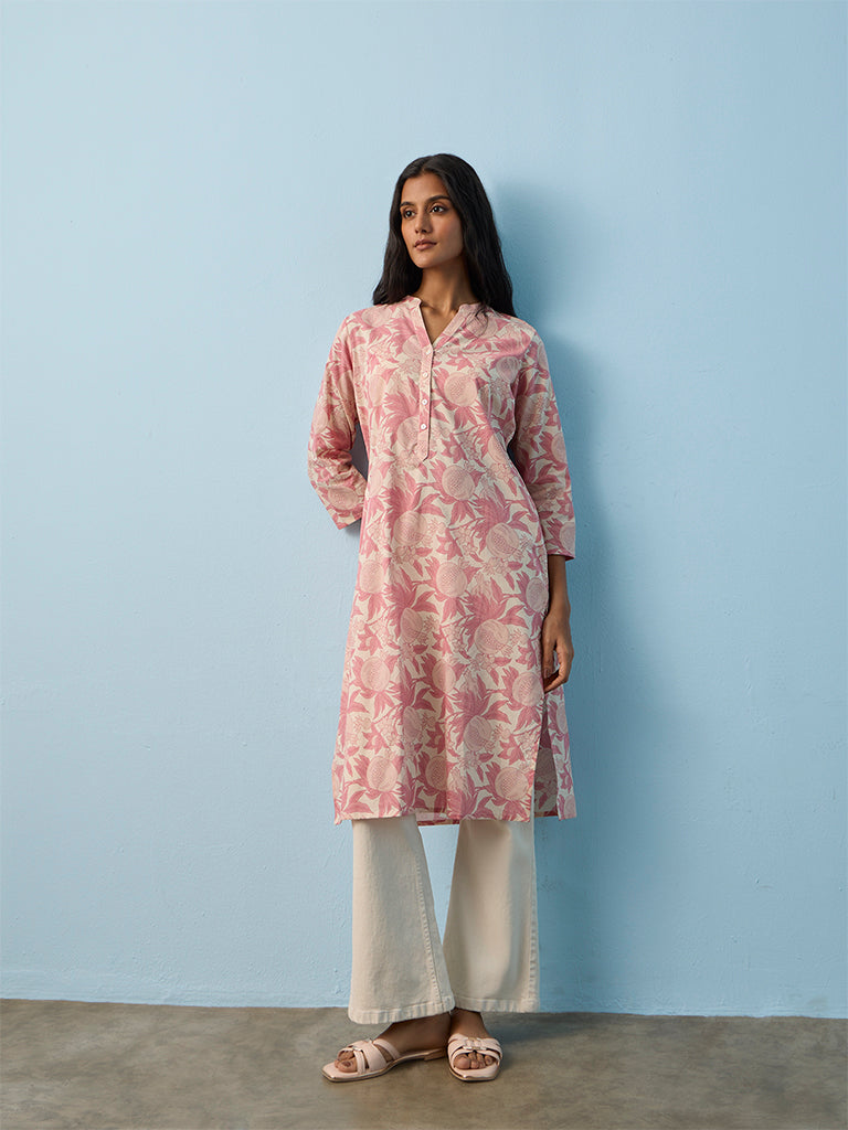 Utsa Pink Anar Printed Cotton Straight Kurta