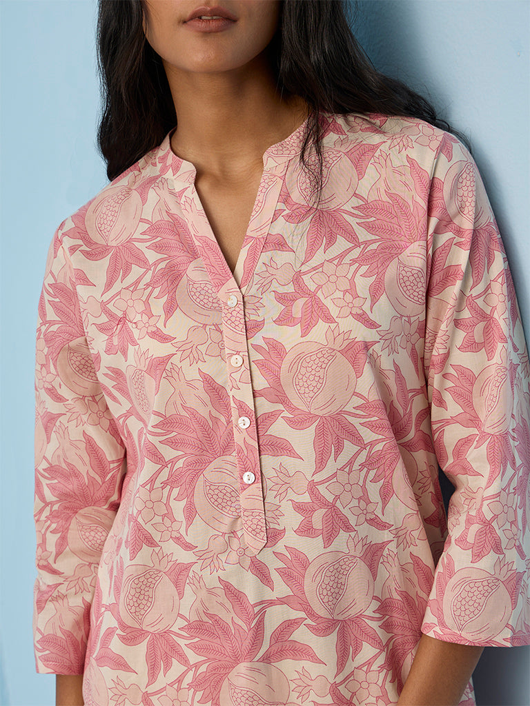 Utsa Pink Anar Printed Cotton Straight Kurta