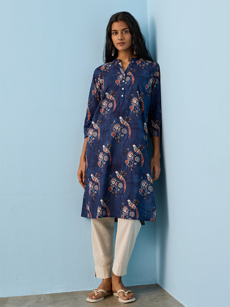 Utsa Navy Printed Cotton Straight Kurta