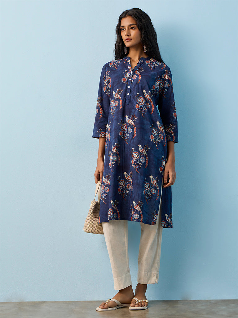 Utsa Navy Printed Cotton Straight Kurta