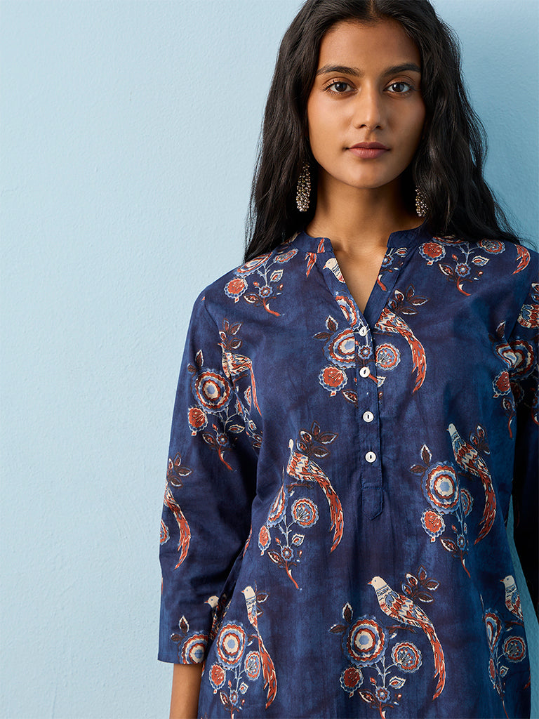 Utsa Navy Printed Cotton Straight Kurta