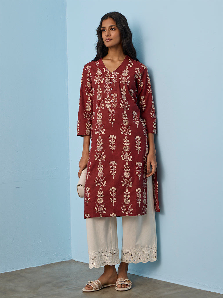 Utsa Red Floral Printed Cotton Straight Kurta