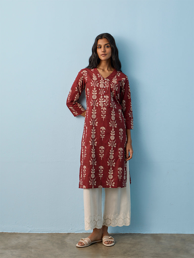 Utsa Red Floral Printed Cotton Straight Kurta