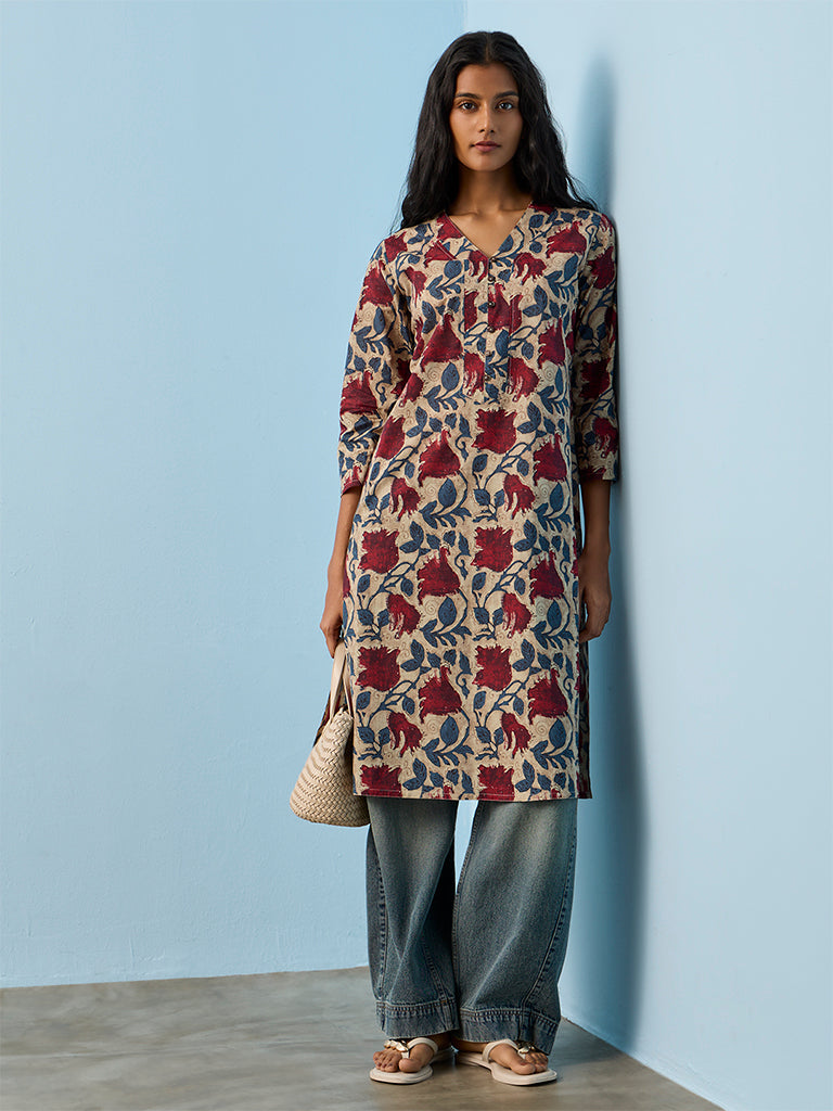 Utsa Grey Floral Printed Cotton Straight Kurta