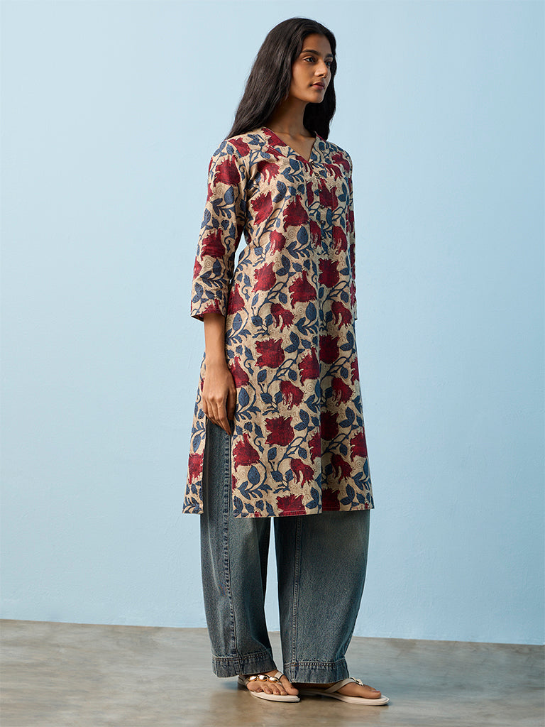 Utsa Grey Floral Printed Cotton Straight Kurta