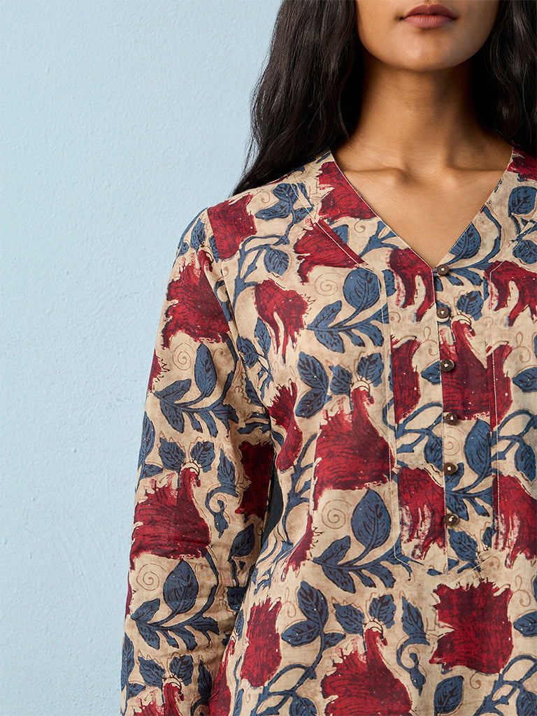Utsa Grey Floral Printed Cotton Straight Kurta