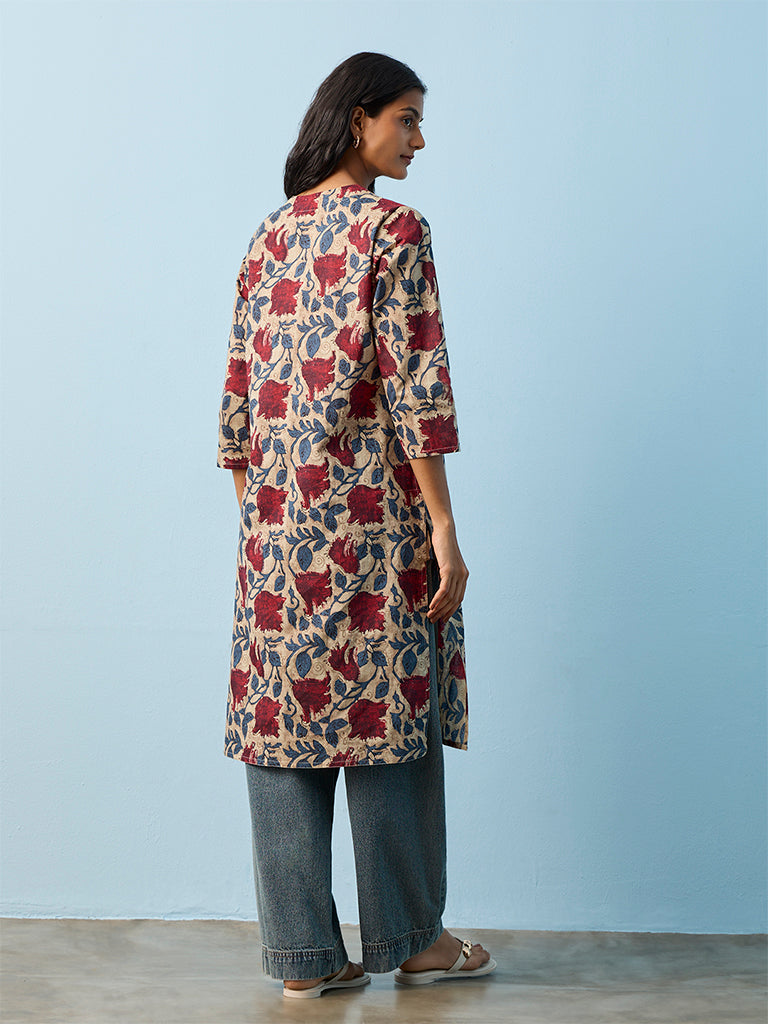 Utsa Grey Floral Printed Cotton Straight Kurta