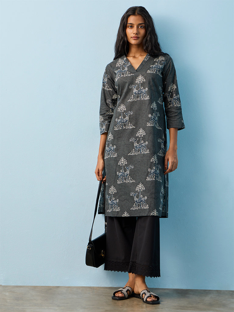 Utsa Black Printed Cotton Straight Kurta