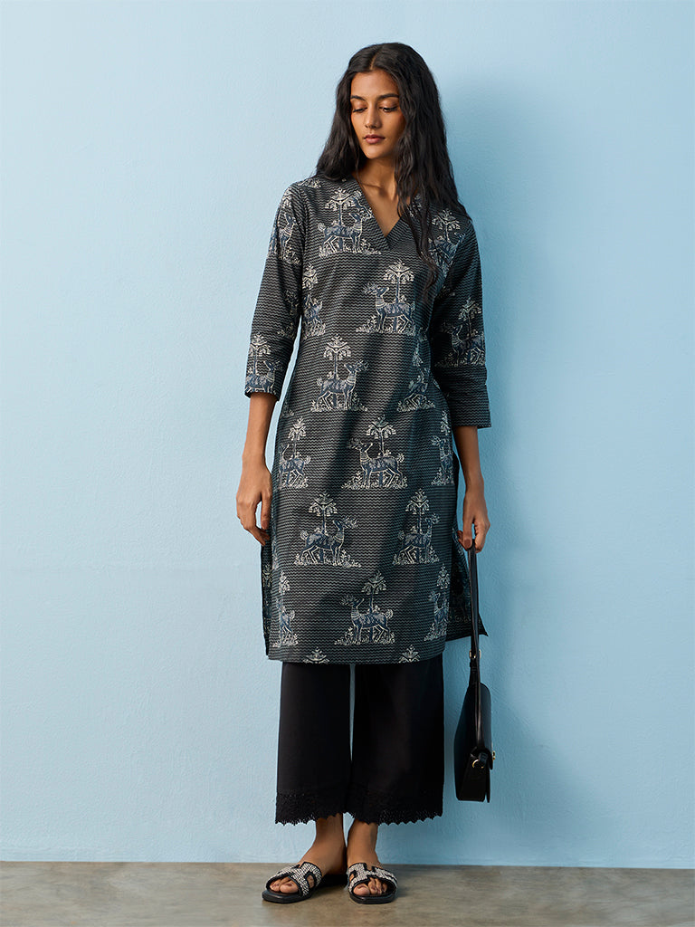 Utsa Black Printed Cotton Straight Kurta