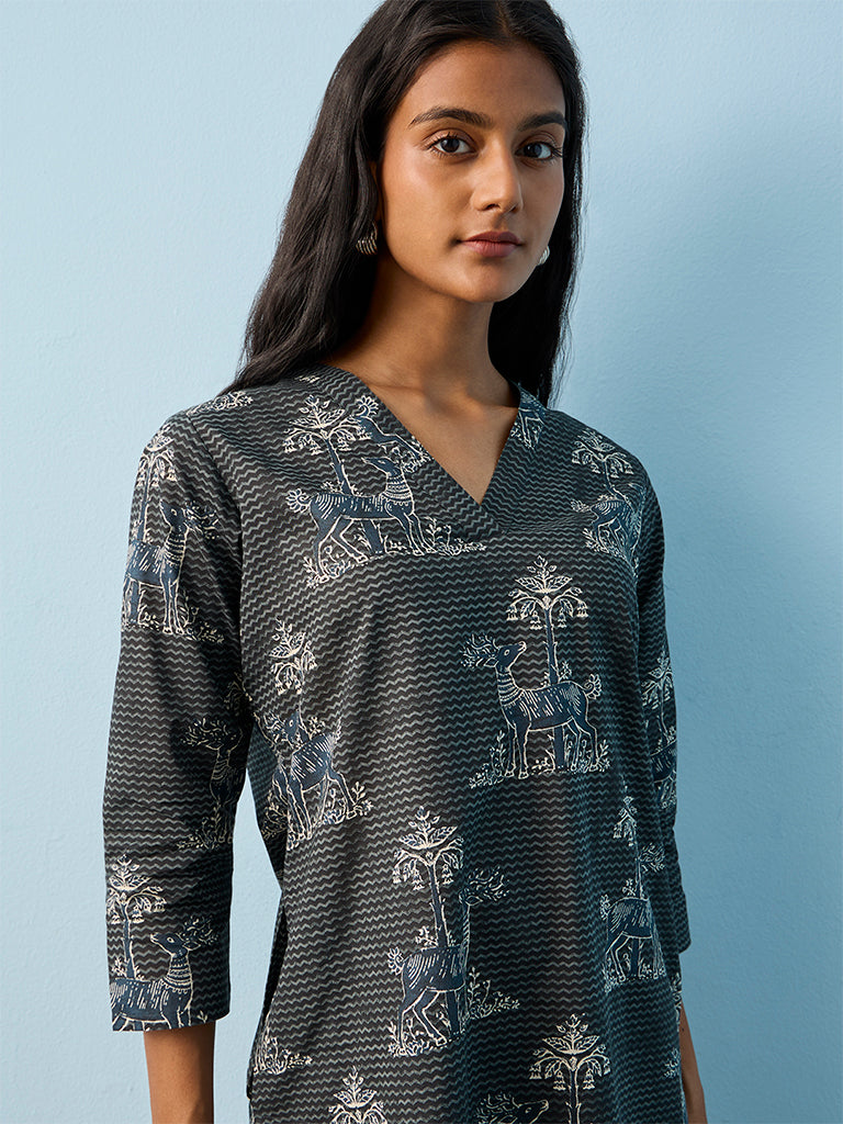Utsa Black Printed Cotton Straight Kurta
