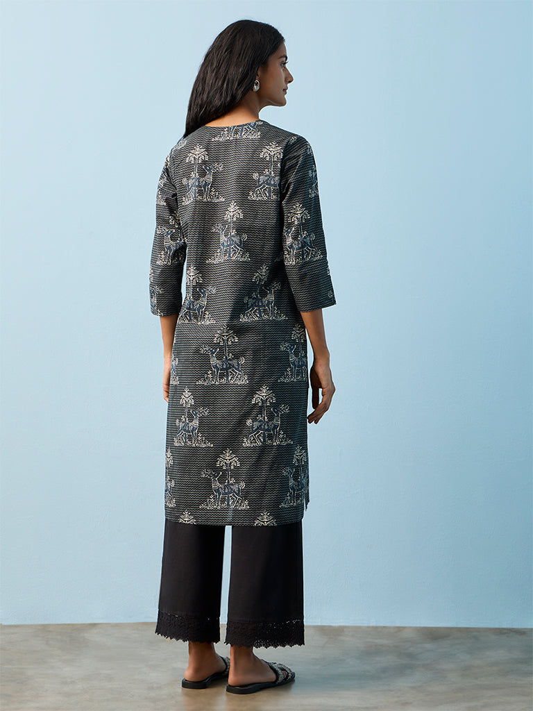 Utsa Black Printed Cotton Straight Kurta