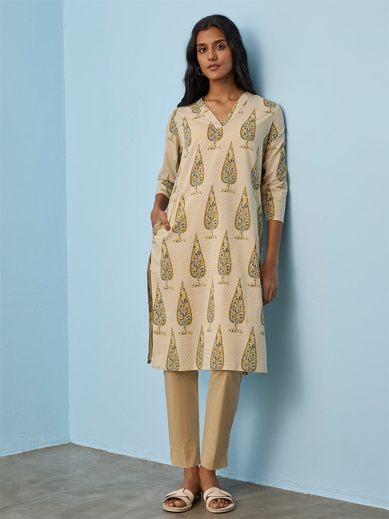 Utsa Light Beige Botanical Printed Cotton Straight Kurta