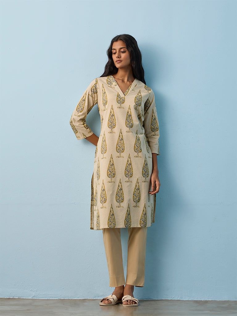 Utsa Light Beige Botanical Printed Cotton Straight Kurta