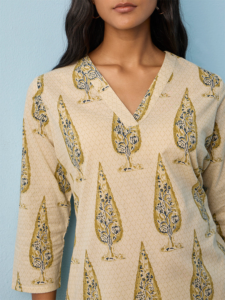 Utsa Light Beige Botanical Printed Cotton Straight Kurta