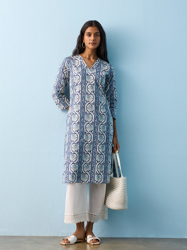 Utsa Indigo Botanical Design Cotton Straight Kurta