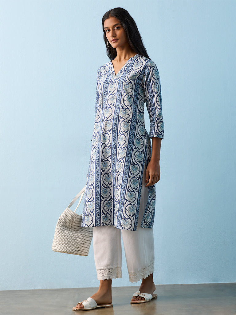 Utsa Indigo Botanical Design Cotton Straight Kurta