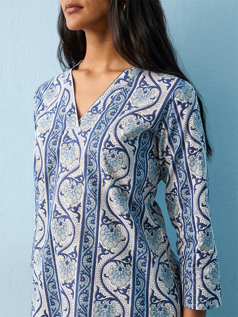 Utsa Indigo Botanical Design Cotton Straight Kurta