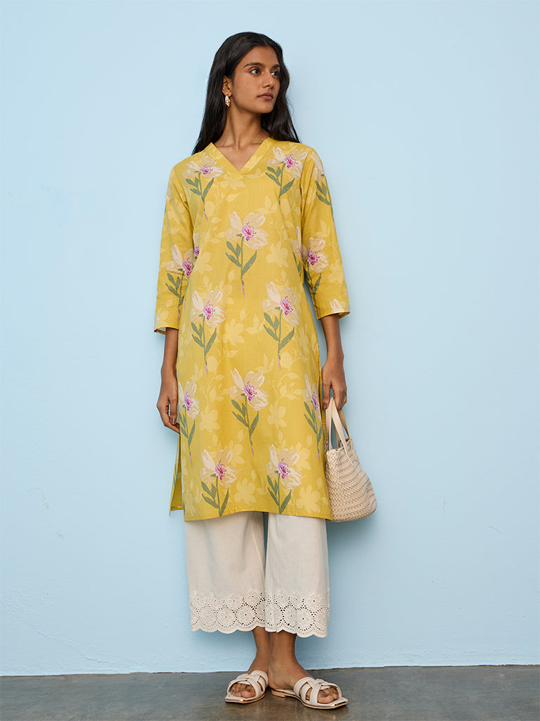 Utsa Yellow Floral Detailed Cotton Straight Kurta