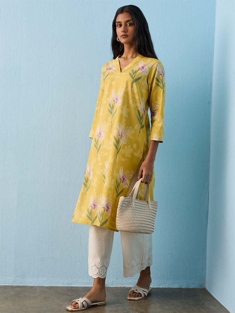 Utsa Yellow Floral Detailed Cotton Straight Kurta