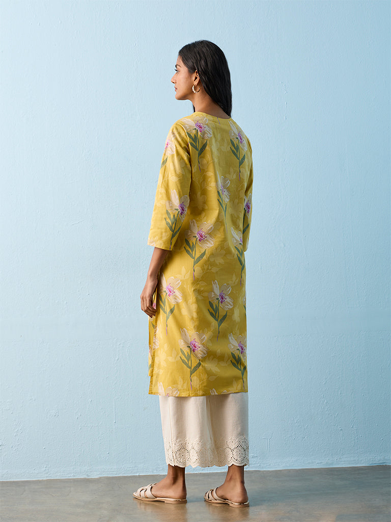 Utsa Yellow Floral Detailed Cotton Straight Kurta