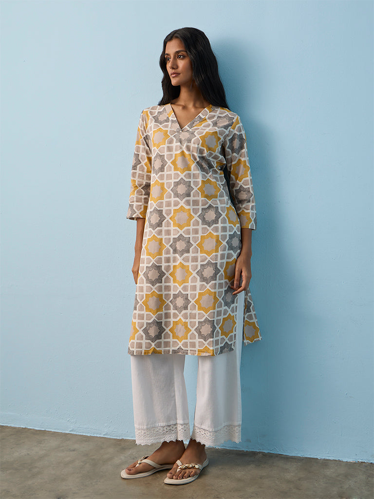 Utsa Grey Geometric Printed Cotton Straight Kurta