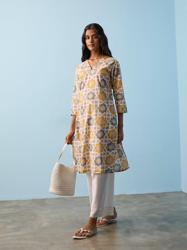 Utsa Grey Geometric Printed Cotton Straight Kurta