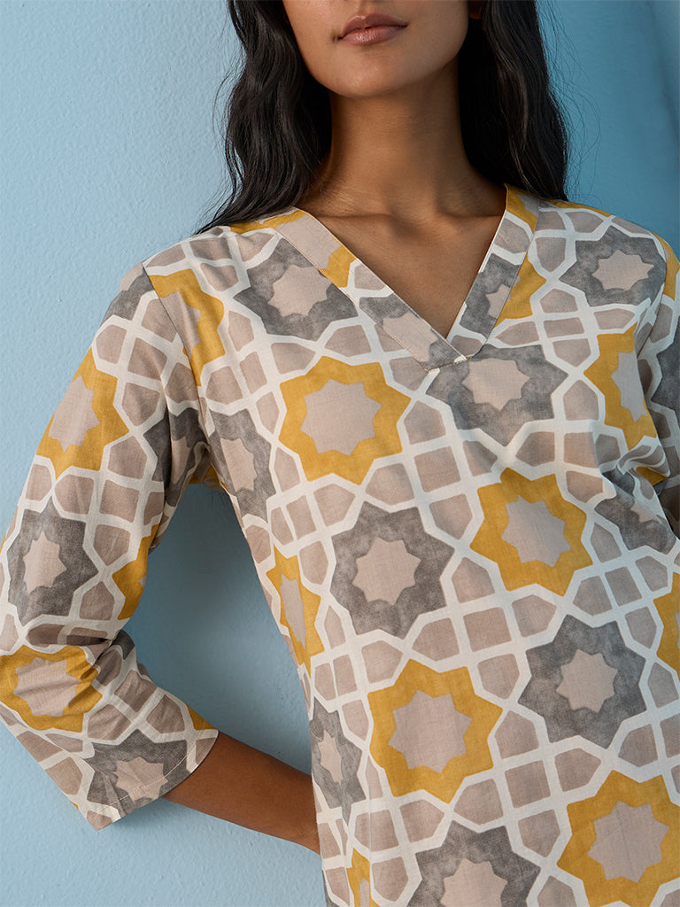 Utsa Grey Geometric Printed Cotton Straight Kurta